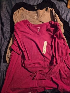Brand New Long Sleeve V-Neck Tee Trio - Fuchsia, Taupe, Black